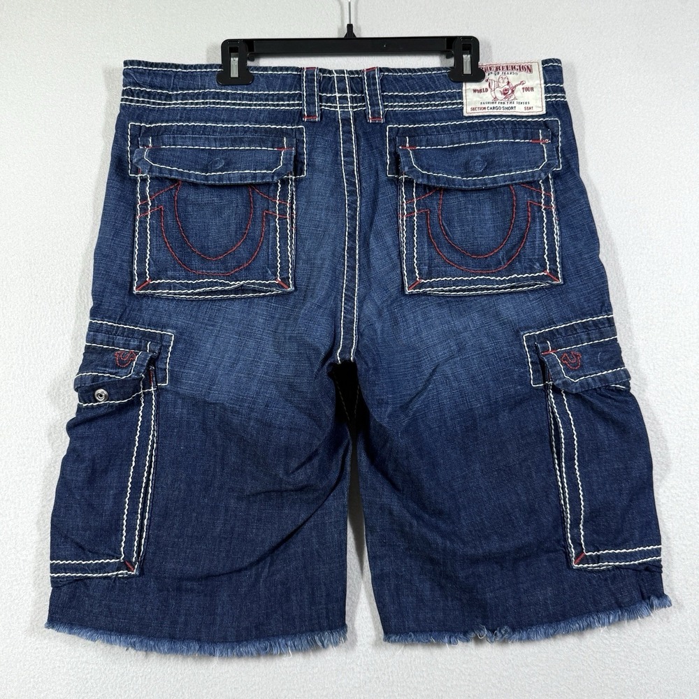 True Religion Cargo Shorts Men 36 Big T Red Stitch Denim Cut Off Drawstring Jean - Picture 4 of 15